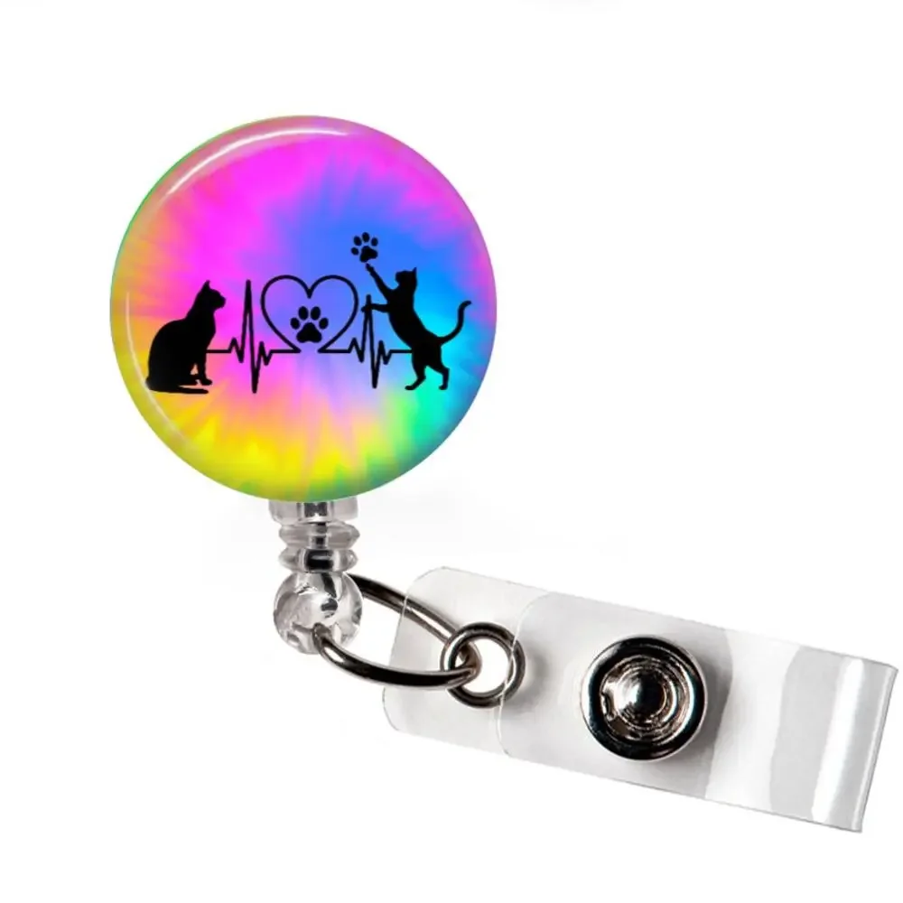 Cat Lover Badge Reel Cat Heartbeat Rainbow Tie Dye Pet Lover Gift